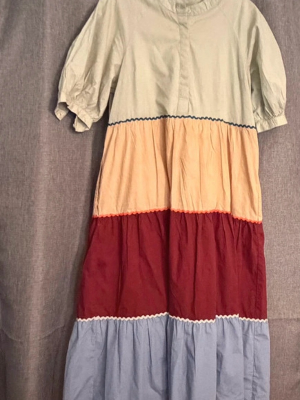 English Factory Multicolor Tiered Midi Dress in Mint, Cream, Rust & Light Blue